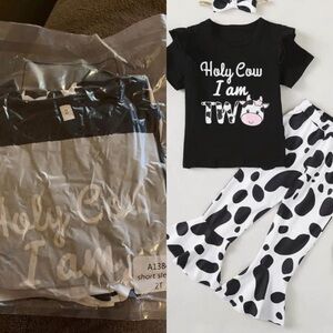 Holy Cow I Am Two Cow Print Birthday Outfit - Black & White
